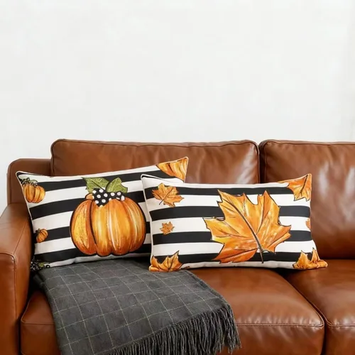 Miniatura 3 de Juego de 2 fundas de almohada de calabaza otoñal de 12 x 20 pulgadas, fundas de almohada decorativas de otoño con rayas de arce para sofá
