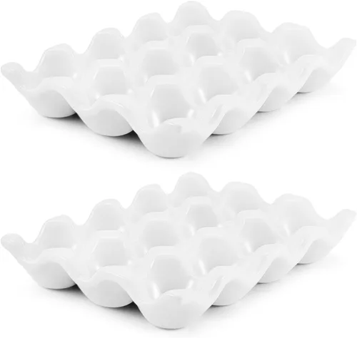 Flexzion Soporte de cerámica para huevos de 12 tazas para refrigerador, bandeja de cerámica para huevos, contenedor de porcelana, organizador de