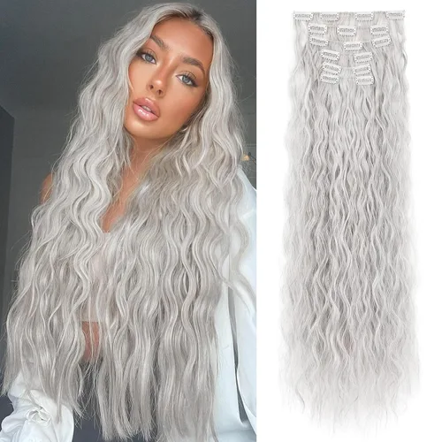Miniatura 11 de LONAI - Extensiones de cabello con clip, 6 piezas, rizadas, de 24" de largo, sintéticas, para mujer, color rubio ceniza natural