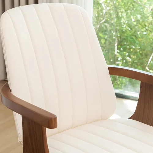 Miniatura 6 de Juego de 2 sillas de comedor giratorias, modernas de mediados de siglo con artesanía de nogal, piel sintética tapizada, brazos y patas de madera