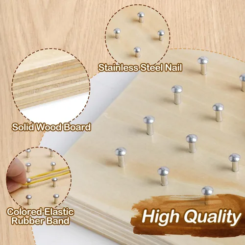 Miniatura 4 de Tablero geométrico de madera para niños - Juguete educativo Montessori STEM con tarjetas de patrones y bandas de goma, rompecabezas de formas