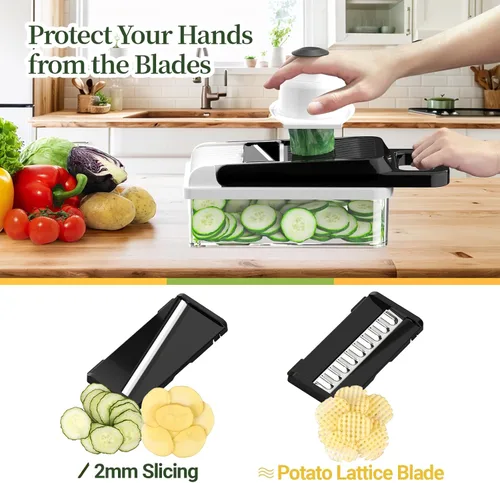 Miniatura 4 de StoreHappily Picador de Verduras 12 en 1, Picador de Verduras de 7 Cuchillas con Recipiente y Tapa, Cortador en Cubitos, Rebanador, Utensilios