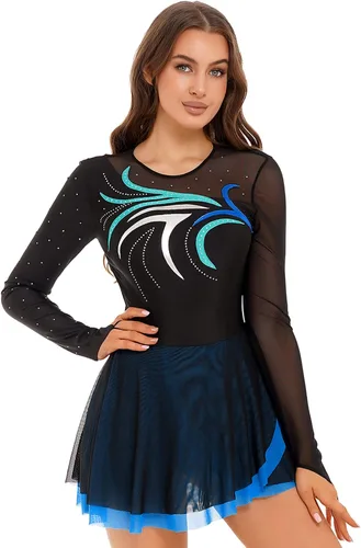 Miniatura 4 de Vestido de patinaje sobre hielo artístico para mujer, malla de retazos, uniformes de baile mayoreta, leotardos de ballet