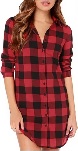 Women's 2023 Summer Tops Plaid Long Sleeve Collar Neck Casual Button Down Dress Shirt Dress Casual Dresses