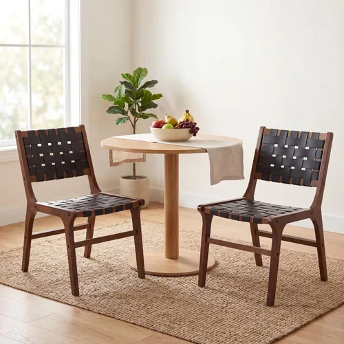 Miniatura 7 de Woven Leather Dining Chairs Set of 4, Mid Century Modern Solid Wood Dining Room Chairs with Handwoven Leather Strap Seat, Armless Kitchen Side