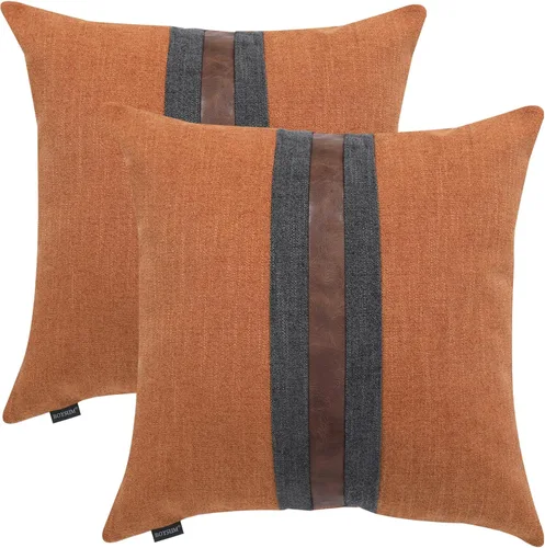 Miniatura 17 de Juego de 2 fundas de almohadas decorativas de cuero, decoración de exteriores, lino con parches, almohadas de cuero sintético marrón, funda
