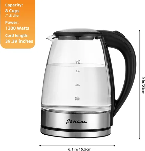 Miniatura 4 de Panana Hervidor eléctrico, hervidor de vidrio de 1.8 L con LED azul, 1200 W, filtro de malla integrado, hervidor rápido, fácil de limpiar