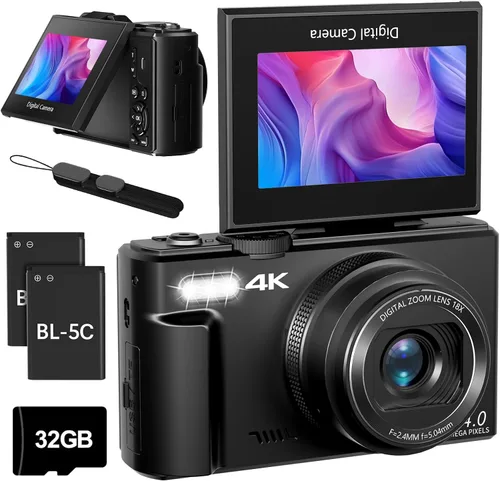 Cámara Digital 4K para Fotografía, Cámara de Vlogging 4K 64MP para YouTube con Pantalla Abatible de 180° de 3", Cámara WiFi Compacta con Zoom Negro