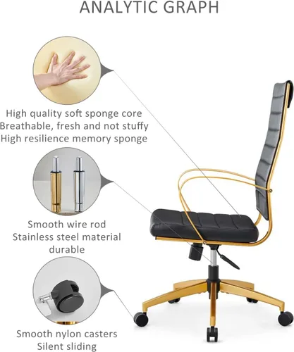 Miniatura 5 de Silla de oficina ergonómica, silla de escritorio de cuero dorado con respaldo alto y soporte lumbar, silla de oficina en casa para estudio