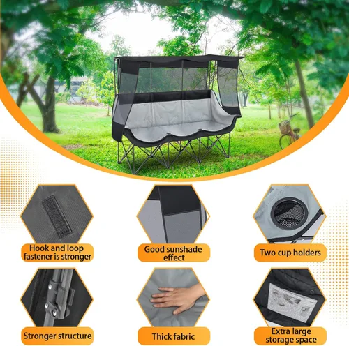 Miniatura 3 de Teenyyou Silla de camping para 3 personas con toldo – Máxima protección solar UV, silla de playa de gran tamaño resistente de 700 libras, sofá Negro