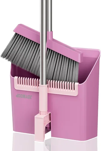 Miniatura 11 de JOYMOOP Juego de escoba y recogedor blanco, diseño angular vertical con dientes de peine incorporados para cocina, oficina, pelo de mascotas, suelos