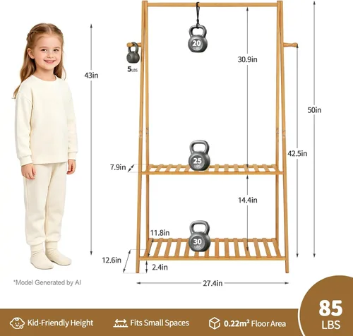 Miniatura 6 de Percheros Pequeños para Colgar Ropa, Percheros de Bambú para Prendas de Niños, Perchero Independiente para Vestidos y Trajes para Dormitorio, Sala