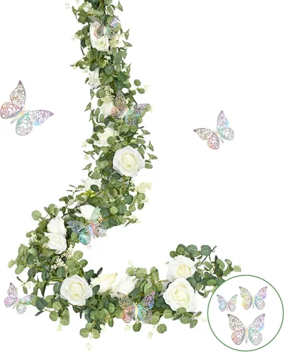 Miniatura 7 de Yastouay - Guirnalda de flores blancas de 6.4 pies con mariposas, guirnalda artificial de eucalipto con flores, vid de rosa falsa para centro
