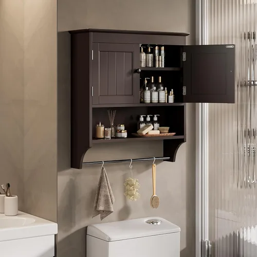 Miniatura 4 de Bealife - Gabinete de baño montado en la pared con barra para toallas y estantes ajustables, gabinete de almacenamiento sobre el inodoro, gabinete
