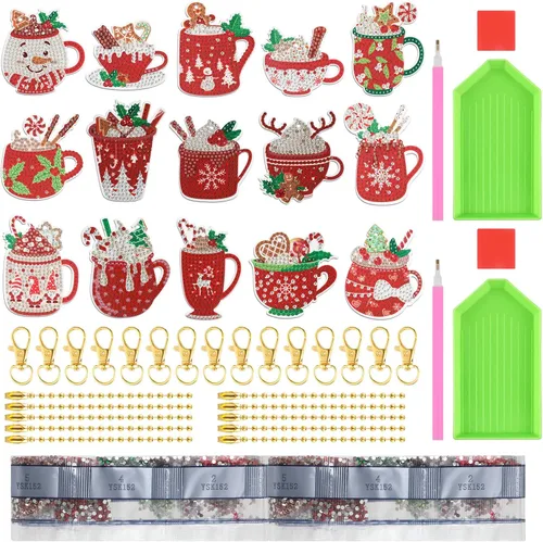 Miniatura 4 de BBTO 15 piezas de adornos de Navidad con diseño de diamantes de cacao caliente, pintura de diamante, llaveros colgantes para manualidades, adornos