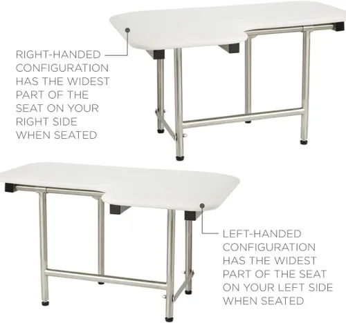 Miniatura 15 de Asiento de ducha plegable para diestros de 32 x 22.5 pulgadas, para montaje en pared, acolchado blanco, con patas, cumple con ADA