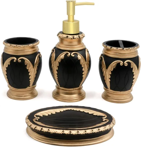 LUANT Juego de accesorios de baño de 4 piezas, incluye vaso, soporte para cepillo de dientes, jabonera y dispensador de jabón, negro con dorado