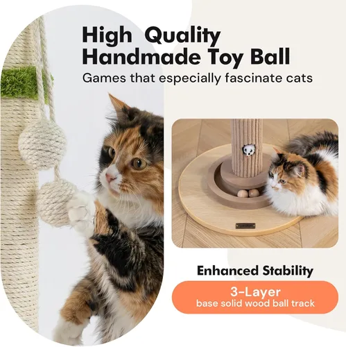 Miniatura 4 de WOOCHPET Rascador para gatos de interior de 35 pulgadas de alto, rascador de sisal para gatos con juguete de ratón y bolas de pista, base de madera