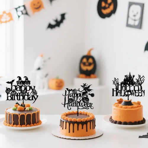 Miniatura 8 de 6 adornos acrílicos para tartas de Halloween, decoración de pastel de cumpleaños de Halloween, espeluznante con murciélago, calabaza, fantasma