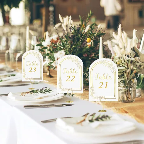 Miniatura 6 de JOYIT 21 juegos de tarjetas de mesa de boda del 1 al 20 y de la mesa principal con 21 soportes de números de mesas, tarjetas de números de oro negro