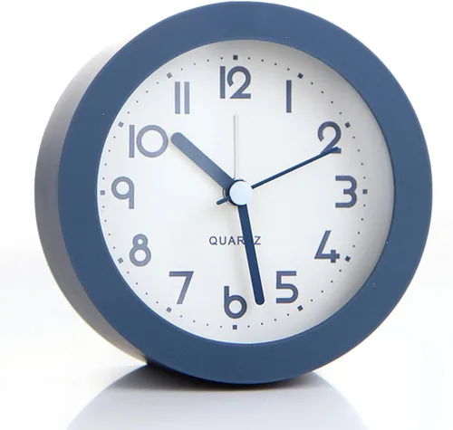Reloj despertador con luz de fondo, 4.5 pulgadas, lindo reloj analógico redondo de cuarzo digital, sin tictac, funciona con pilas, textura Azul