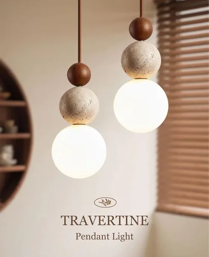 Miniatura 9 de Lámpara colgante de travertino amarillo natural, 10.6 pulgadas de alto, moderna lámpara colgante Wabi Sabi con 3 esferas de materiales diferentes