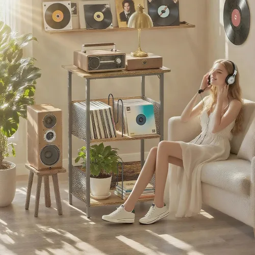 Miniatura 2 de Soporte para tocadiscos, soporte para discos de vinilo de 3 niveles, soporte giratorio con 2 separadores y 4 pies ajustables, mesa para tocadiscos