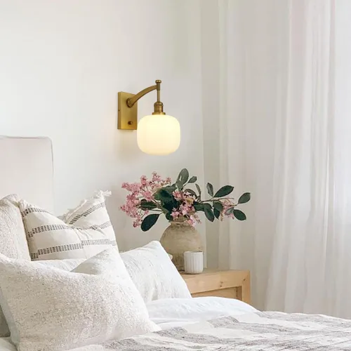 Miniatura 2 de Pathson Milk White Glass Wall Sconce with Switch, Hardwired Wall Vanity Light, Mid-Century Vintage Wall Lamp Fixture or Living Room Farmhouse Brass