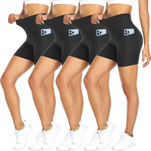 FULLSOFT Paquete de 4 shorts de ciclista para mujeres con bolsillos 5" de talle alto con control abdominal para entrenamiento, yoga, correr,