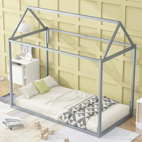Miniatura 17 de Base de cama de metal de tamaño individual con plataforma en forma de casa de techo, para niños y niñas, soporte de metal resistente, perfecto
