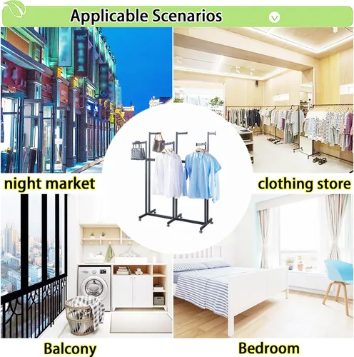 Miniatura 6 de Perchero de pie de metal para ropa - Estantes de exhibición resistentes para uso comercial con ruedas, perchero de ropa de 6 brazos, perchas