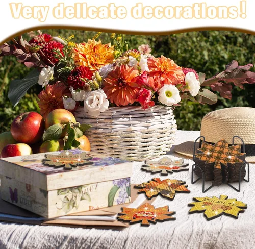 Miniatura 4 de 12 posavasos de arte de diamantes de otoño, calabaza, hoja de arce, Acción de Gracias, bricolaje, pintura con soporte, kit de bricolaje