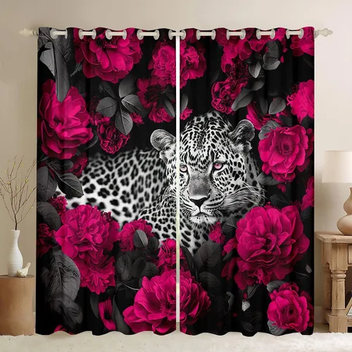 Miniatura 19 de Erosebridal Cortinas de Rosas Rojas 3D Tratamientos para Ventanas de Guepardo, Paneles de Cortinas con Estampado de Gato Leopardo para Sala
