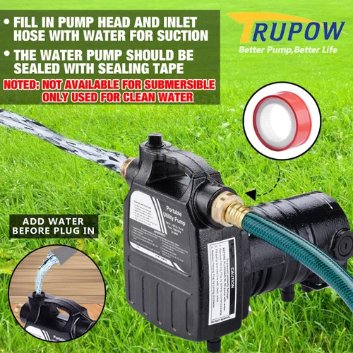 Miniatura 5 de Trupow 1/2HP 1450 GPH, bomba portátil eléctrica de transferencia de agua. Bomba de hierro multiuso con colador de succión y kits (115 voltios)