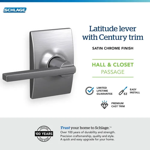 Miniatura 4 de Schlage F10 LAT 626 CEN Latitude - Manilla de puerta con moldura Century, cerradura de paso para pasillo y armario, cromo satinado