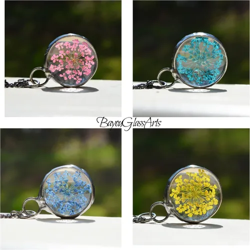 Miniatura 21 de Queen Anne's - Collar de encaje con colgante de flor prensada real en cristal hecho a mano, joyería de flores silvestres, collares de encaje
