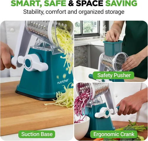 Miniatura 7 de Nutrichef Rallador y Triturador de Queso 3 en 1 Base de Succión Fuerte, Mango Giratorio con Seguro de Seguridad Incluye Manivela Manual y 3