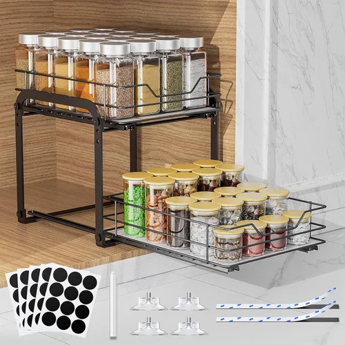 Organizador de especias extraíble para gabinetes, estante de especias extraíble de 2 niveles, organizador de especias deslizante para gabinetes,