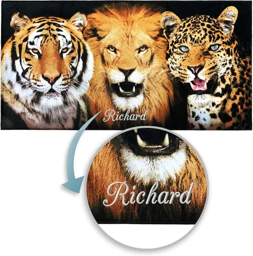 Softerry Toalla de playa personalizada con gatos grandes, 30 x 60 pulgadas, felinos salvajes, león, tigre de Bengala y Jaguar leopardo, 100% algodón