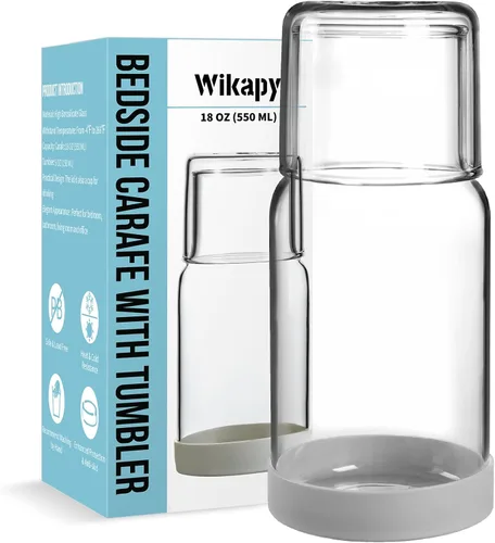 Juego de jarra de agua para mesita de noche y vaso con posavasos de silicona Wikapy para mesa de noche, dormitorio, dispensador de enjuague bucal