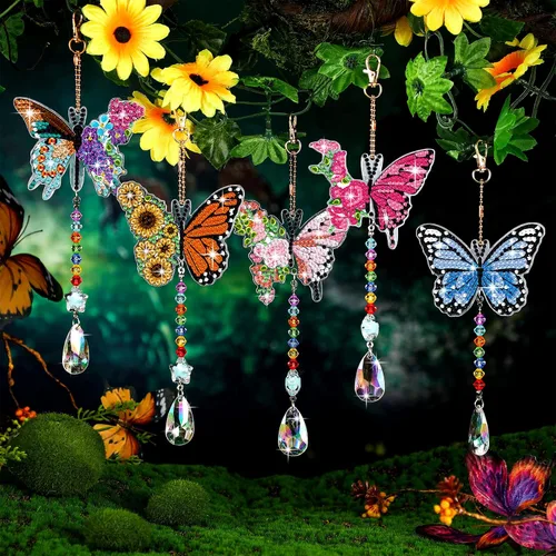 Miniatura 2 de Tradder Juego de 6 carillones de viento con diseño de diamantes de mariposa, decoración de árbol de verano, adornos de pintura de diamante 5D