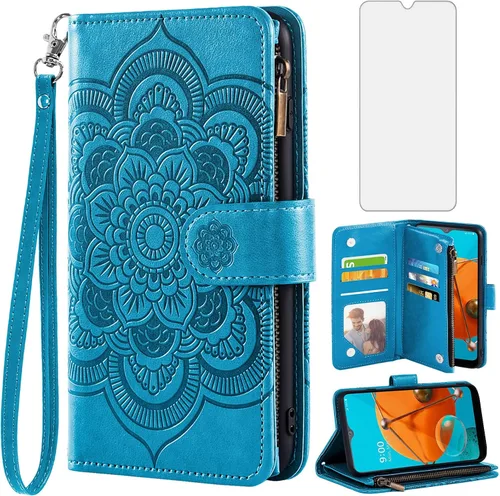 Asuwish Funda de teléfono para LG K51/Reflect LTE/Q51 Funda tipo cartera con protector de pantalla de vidrio templado y soporte para tarjeta de Azul