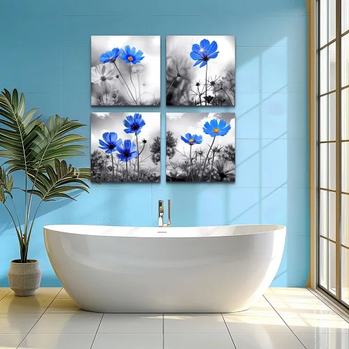 Miniatura 4 de Arte de pared para sala de estar, diseño de flores azules cian en blanco y negro, impresiones en lienzo grande para decoración de pared, obras