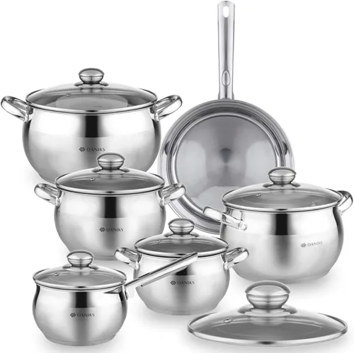 Daniks Juego clásico de utensilios de cocina de acero inoxidable de 12 piezas con tapas de vidrio, incluye cacerola y sartén con tapa, bases de tres