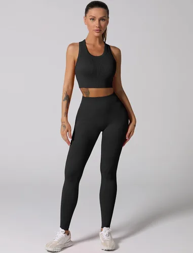 Miniatura 2 de Conjuntos de entrenamiento para mujer, 2 piezas, sin costuras, acanalada, sin mangas, brasier deportivo, cintura alta, pantalones cortos