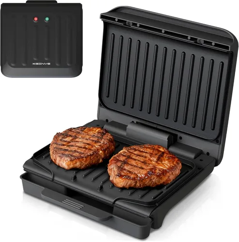 KEINVE Parrilla eléctrica de 2 porciones y prensa Panini, revestimiento antiadherente resistente, bandeja de goteo atrapa grasa, color negro