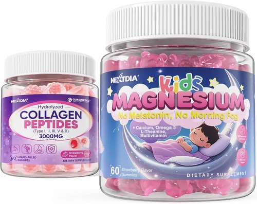 Nextdia Gomitas de magnesio sin azúcar para niños, paquete de 2 + gomitas de colágeno para mujeres y hombres, 1 paquete