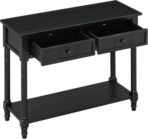 Miniatura 9 de P PURLOVE Mesa de consola Aparador Mesa de sofá de madera con 2 cajones y estante inferior (negro)