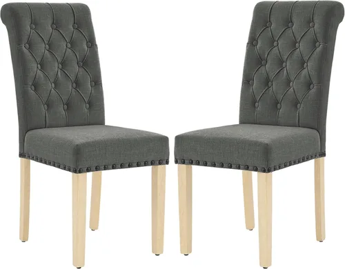 Miniatura 11 de LOULENS Juego de 2 sillas de comedor de tela, modernas sillas Parson tapizadas de lino con ribete de cabezas de clavos, botones acolchados, patas