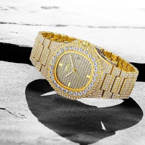Miniatura 34 de Gosasa Reloj de pulsera unisex de cristal para hombre y mujer, reloj cubano con brillo completo, oblongo de plata/oro, reloj de pulsera de acero